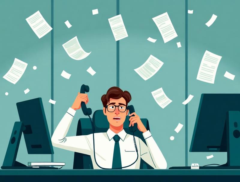 Gestresster Makler umringt von klingelnden Telefonen